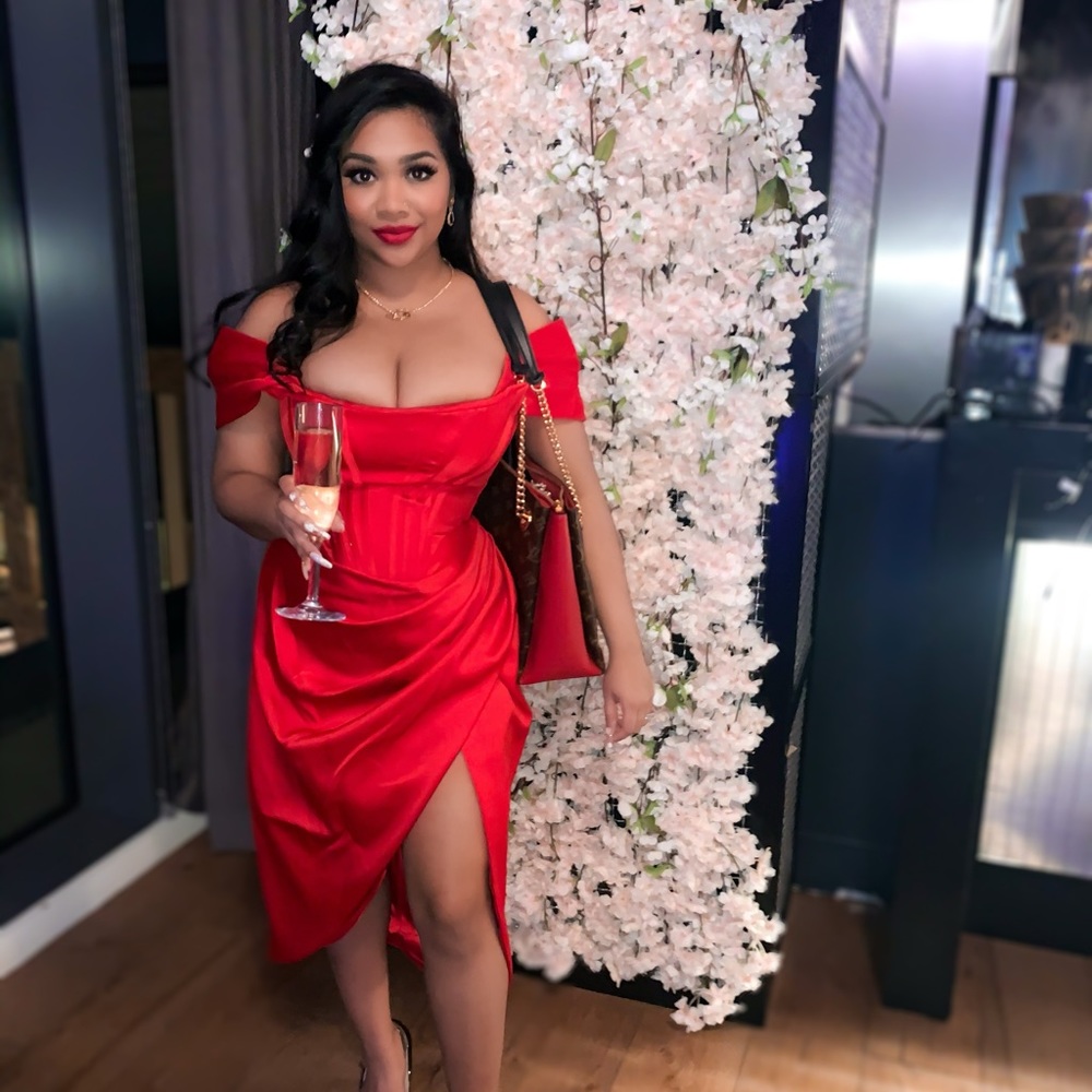 House of CB Red Off-Shoulder Satin Midi Dress - Picture 5 of 7